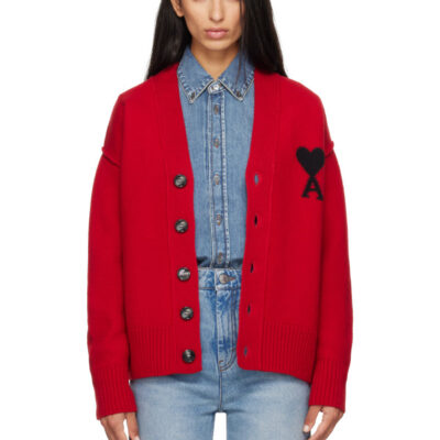 AMI Paris Red Natural Wool Ami De Coeur Cardigan