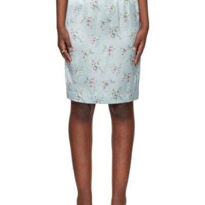 Bottega Veneta Blue Silk Satin Floral Bunches Midi Skirt