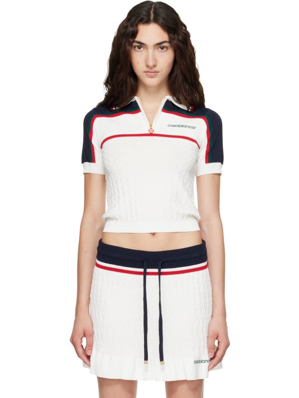 Casablanca Off-White & Navy Knit Tennis Short Sleeve Polo