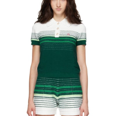 Casablanca White & Green Boucle Stripe Short Sleeve Polo