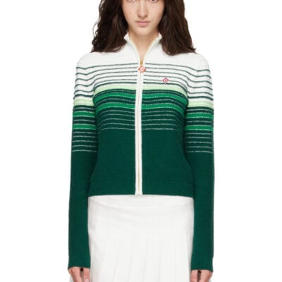 Casablanca White & Green Boucle Stripe Zip‑Up Track Jacket