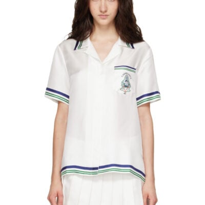 Casablanca White Hotel Emblem Short Sleeve Silk Shirt