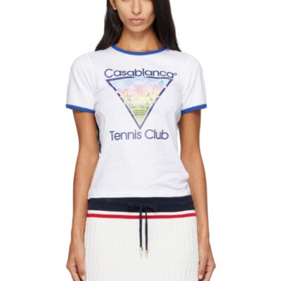 Casablanca White 'Tennis Club' Cropped Ringer Short Sleeve T‑shirt