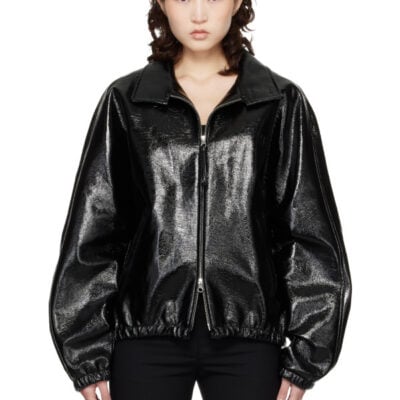 Courrèges Black Vinyl Zipped Bomber Jacket