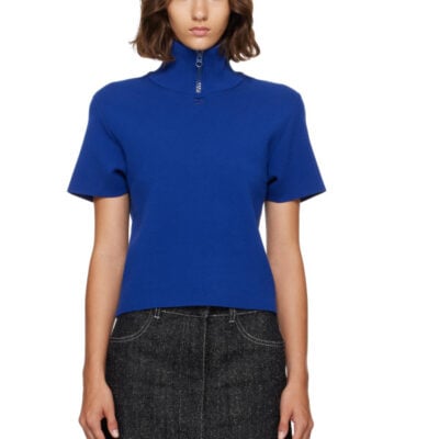 Courrèges Navy Ribbed Collar Milano Knit Top