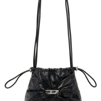 Diesel Black Scrunch-D-Bucket Shiny Wrinkled Leather Bag