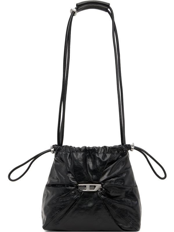 Diesel Black Scrunch-D-Bucket Shiny Wrinkled Leather Bag