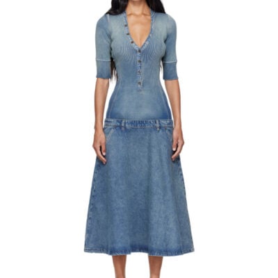 Diesel Blue Drop-Waist Knit & Denim Midi Dress