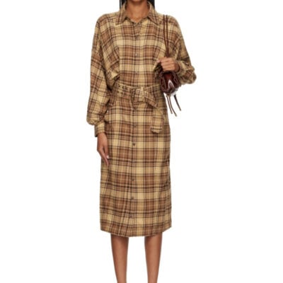 Diesel Brown Check Flannel Wide Belt Midi Dress