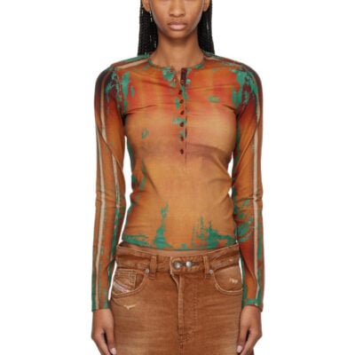 Diesel Brown Cracked Leather-Effect Jersey Top
