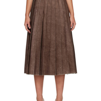 Diesel Brown Distressed Pleated Faux-Leather Midi Skirt