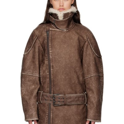 Diesel Brown Double-Breasted Aviator-Biker Coat