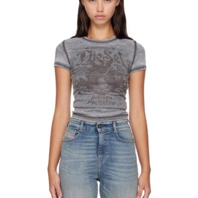 Diesel Gray Slim Jersey Print & Studs T-shirt