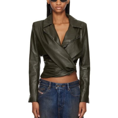 Diesel Khaki Draped Wrap-Effect Faux-Leather Jacket