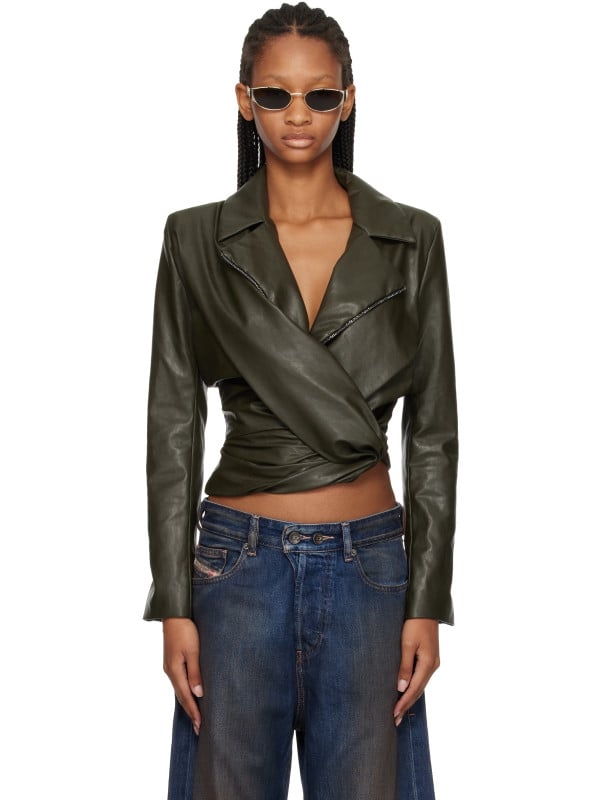 Diesel Khaki Draped Wrap-Effect Faux-Leather Jacket