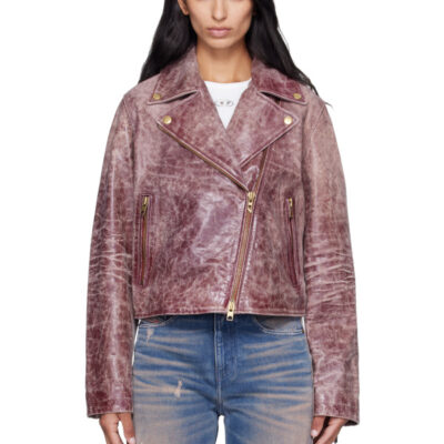 Diesel Pink Treated Leather Biker Jacket