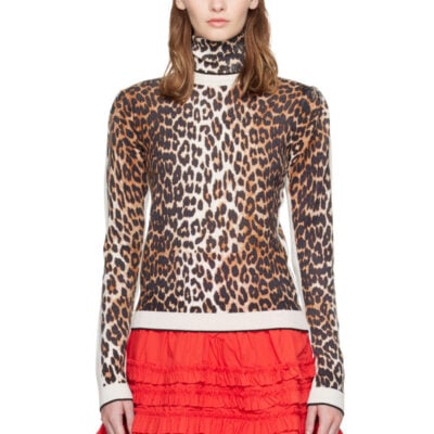 Ganni Beige Printed Merino Turtleneck