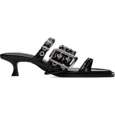 Ganni Black Buckle Strap Mule Heeled Sandals