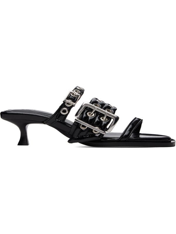 Ganni Black Buckle Strap Mule Heeled Sandals