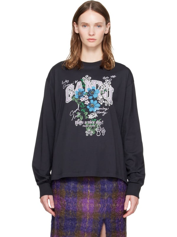 Ganni Black Flowers Long Sleeve T-shirt