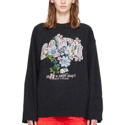 Ganni Black Wool Flowers Oversized Sweater