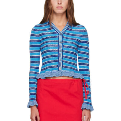 Ganni Blue Cotton Pointelle Stripe Cardigan
