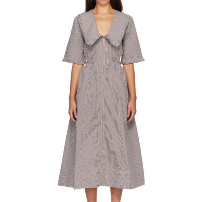 Ganni Brown & White Check Cotton Cut Out Midi Dress