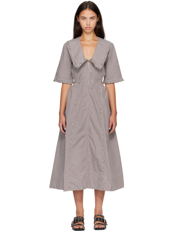 Ganni Brown & White Check Cotton Cut Out Midi Dress