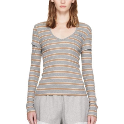 Ganni Gray & Brown Stripe Long-Sleeve T-shirt