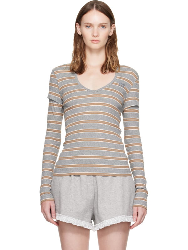 Ganni Gray & Brown Stripe Long-Sleeve T-shirt