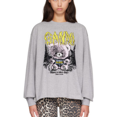 Ganni Gray Long-Sleeve Teddy Forest T-shirt