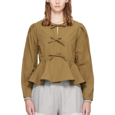 Ganni Khaki Compact Poplin Long Sleeve Peplum Blouse
