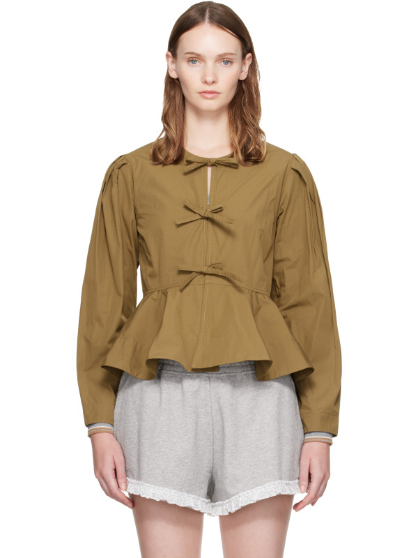 Ganni Khaki Compact Poplin Long Sleeve Peplum Blouse