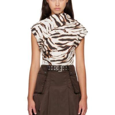 Ganni Off-White & Brown Printed Stretch Cotton Ruched Top
