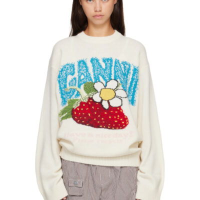 Ganni Off-White Oversized Strawberry Sweater
