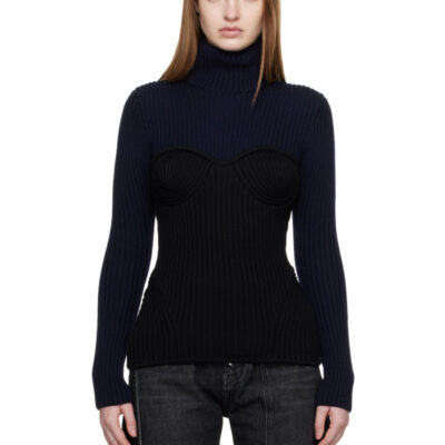 Jean Paul Gaultier Navy & Black Stretch Merino Wool Ribbed Turtleneck