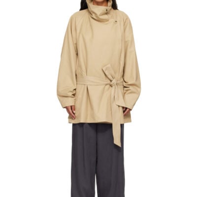 Le17Septembre Beige Cotton Draped Funnel Neck Half Trench Coat