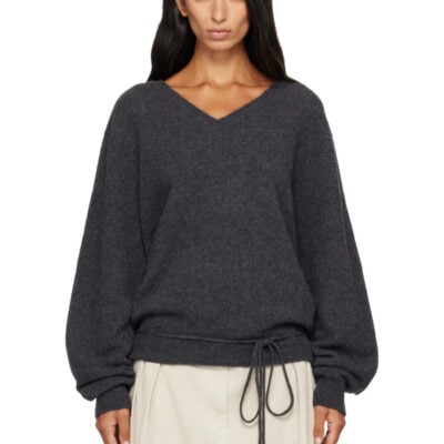 Le17Septembre Gray Soft Alpaca Blend Tie V-Neck Knit Sweater