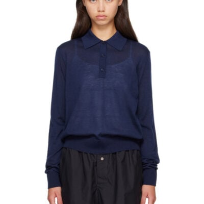 Loulou Studio Navy MILES Long Sleeve Polo