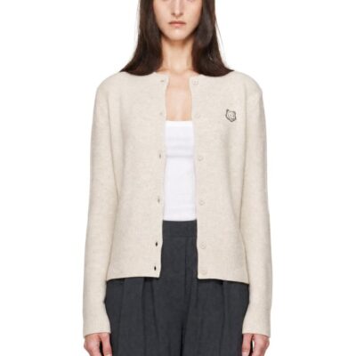 Maison Kitsune Beige Fox Head Lambswool High Neck Cardigan
