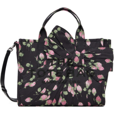 Marc Jacobs Black Vintage Floral Canvas Oversized Bow Medium Tote