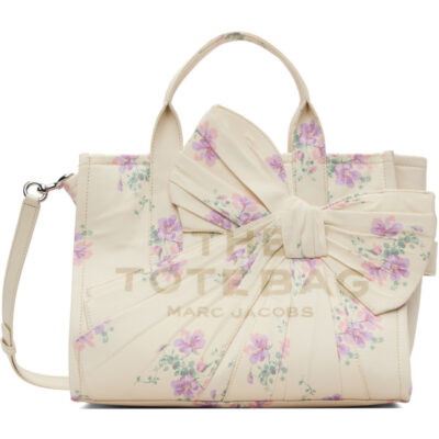 Marc Jacobs Off-White Antique Floral Canvas Oversized Bow Medium Tote