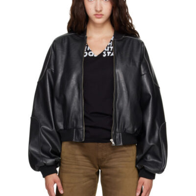 MM6 Maison Margiela Black Rib-Knit Trim Faux-Leather Bomber Jacket