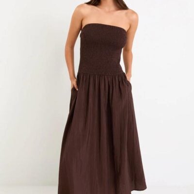 Among the Brave Athens Chocolate Strapless Shirred Bodice Maxi Dress