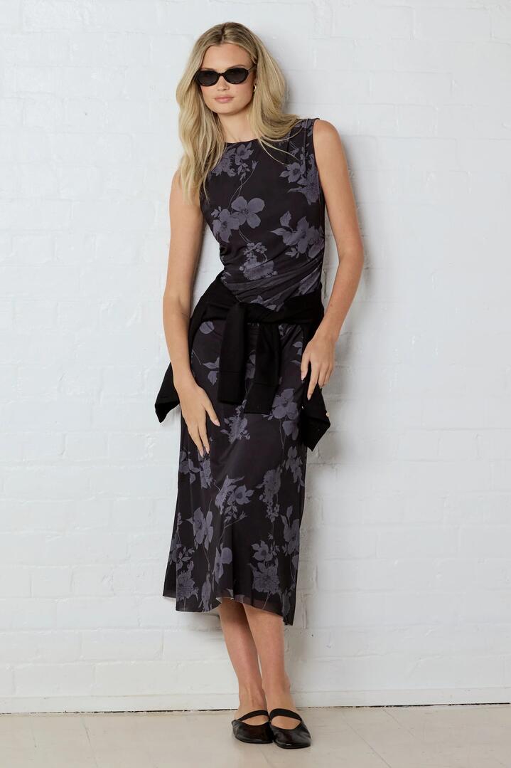 Among the Brave Frame Midnight Floral Mesh Sleeveless Maxi Dress