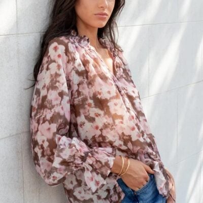 Among the Brave Odyssey Blush Chocolate Floral Shirred Neck LS Top