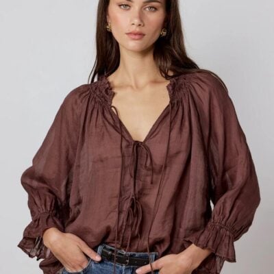 Among the Brave Prospect Chocolate Tie Front Mid Sleeve Top