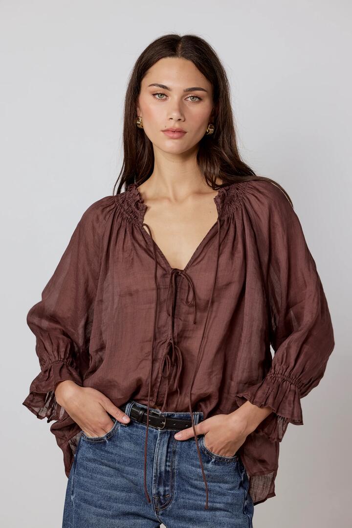 Among the Brave Prospect Chocolate Tie Front Mid Sleeve Top