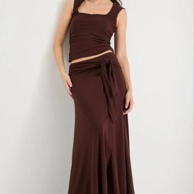 Among the Brave Status Chocolate Jersey Knot Front Maxi Skirt