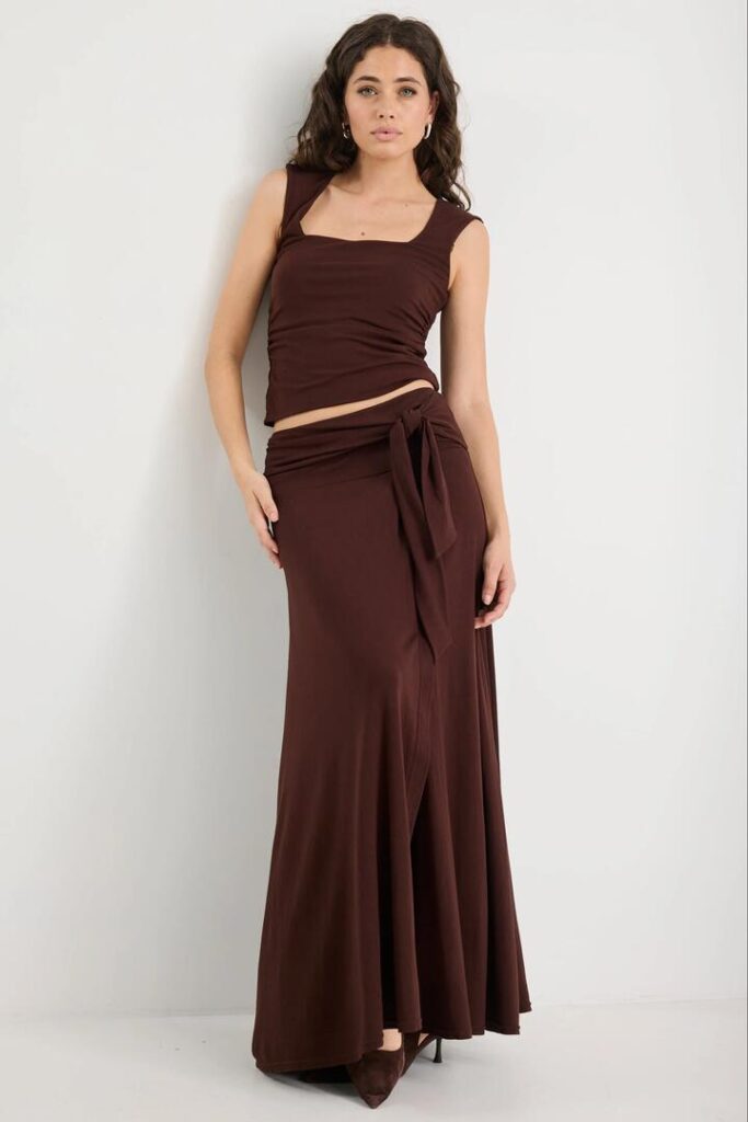 Among the Brave Status Chocolate Jersey Knot Front Maxi Skirt